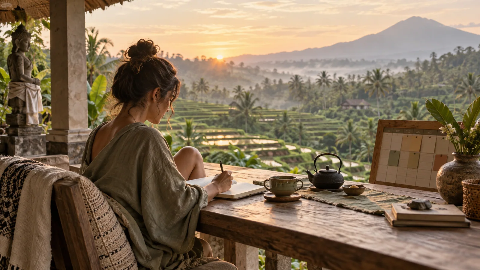A slow traveler journals at sunrise above Balinese rice terraces